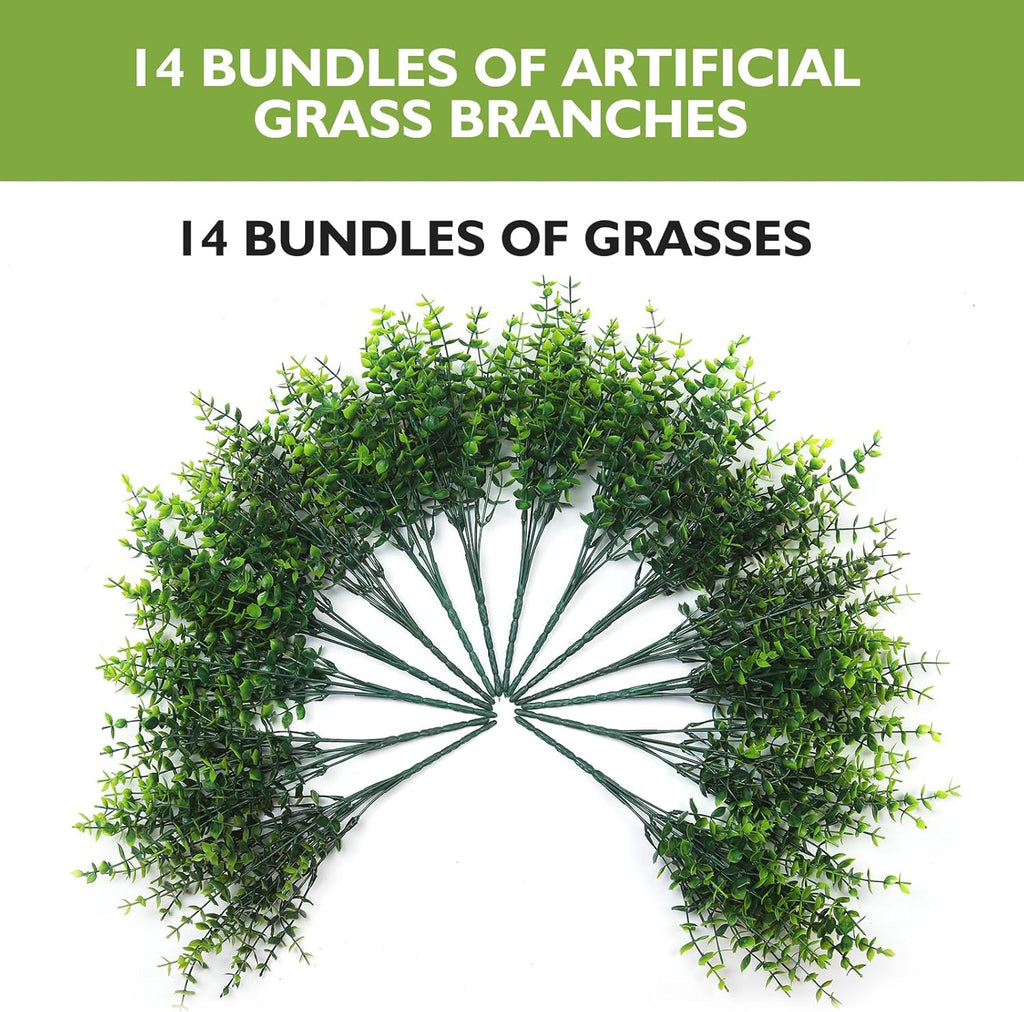 14 Bundles Artificial Grass UV Resistant for Patio Outdoors Fake Faux Silk Plants Realistic Plastic Grass Indoors Porch Window Home Decoration (14, Green Grasses)