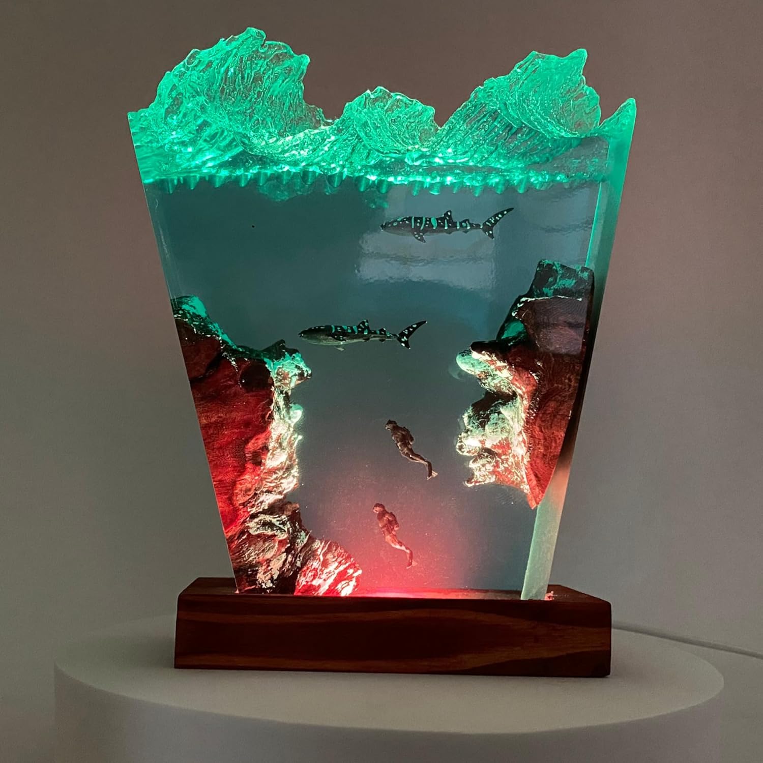 Ocean Resin Lamp – Marine Life Night Light with 16 Color LED, USB Powered Orca Shark & Turtle Desk Lamp with Wooden Base & Remote,Handmade Gift for Christmas, New Year