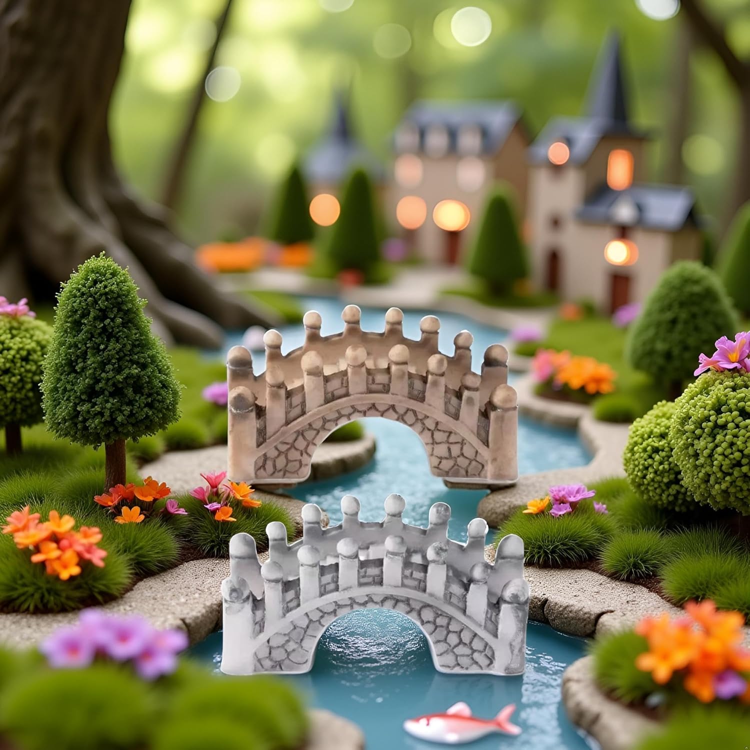2 Pack Gray and Brown Miniature Stone Arch Bridges, Fairy Garden Ornaments for Dollhouse, Aquarium and DIY Micro Landscape Decor, Garden Bridges