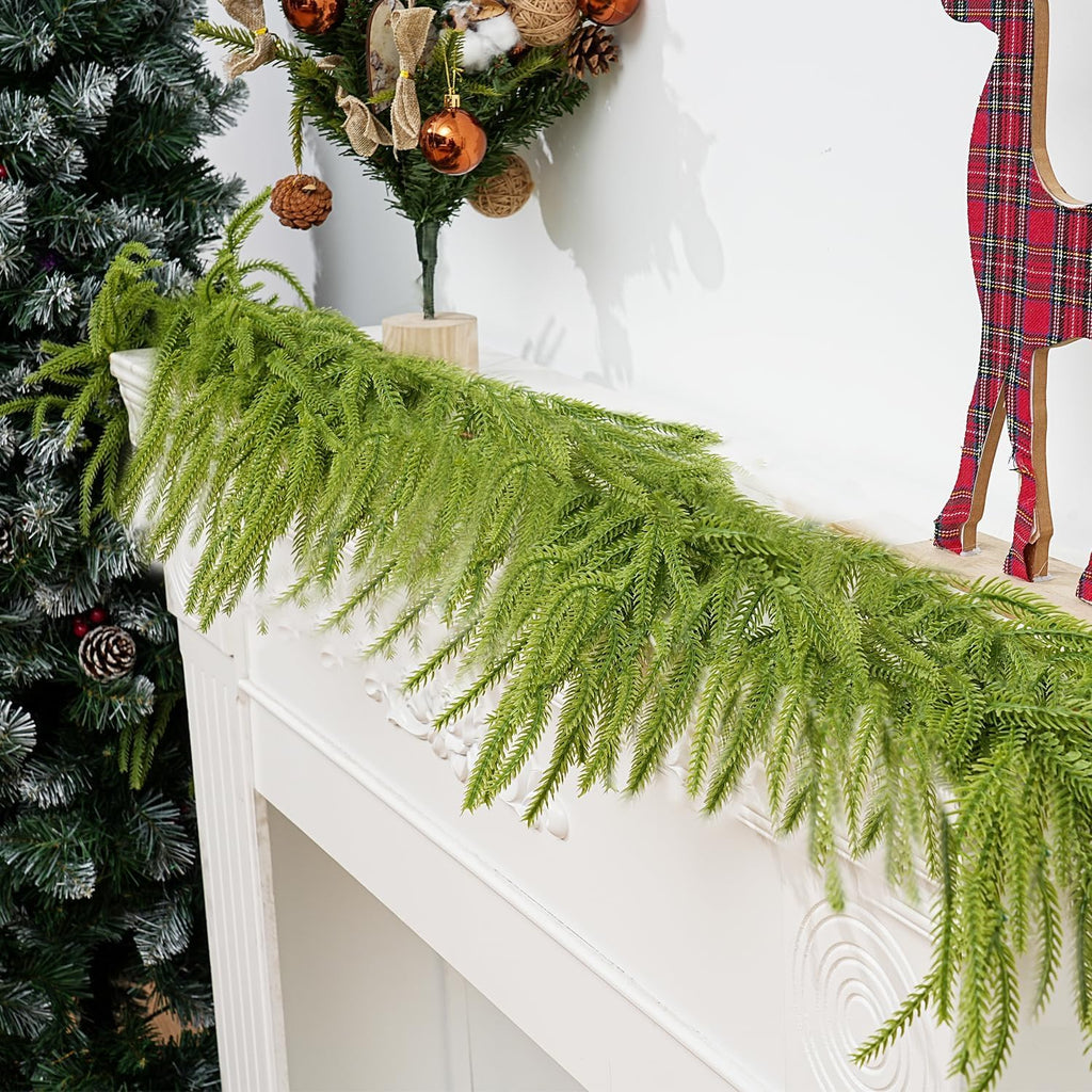 1PCS 6FT Christmas Norfolk Garland Decorations, Faux Pine Garland Outdoor, Artificial Unlit Green Garlands, Christmas Mantel Decoration Indoor, Thick Greenery Xmas Decor in The Winter