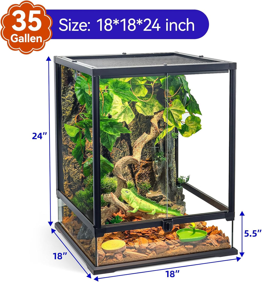Full Glass Panoramic Vivarium for Crested Gecko Tank, Snake Enclosure, Reptile Cage with Front Door, Enhanced Ventilation & Concealed Wiring Holes 18" W x 18" x L24 H