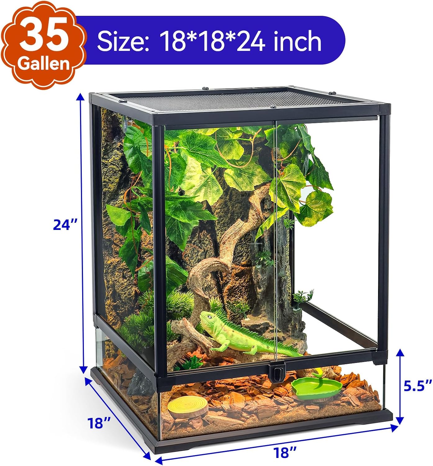Full Glass Panoramic Vivarium for Crested Gecko Tank, Snake Enclosure, Reptile Cage with Front Door, Enhanced Ventilation & Concealed Wiring Holes 18" W x 18" x L24 H