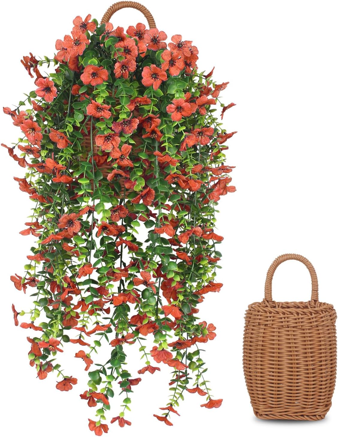 3 PCS Artificial Fake Hanging Flowers Plants with Basket for Spring Outdoor Outside Decoration, UV Resistant Faux Plastic Fabric Flower for Garden Porch Patio Balcony Yard Decor（Orange）