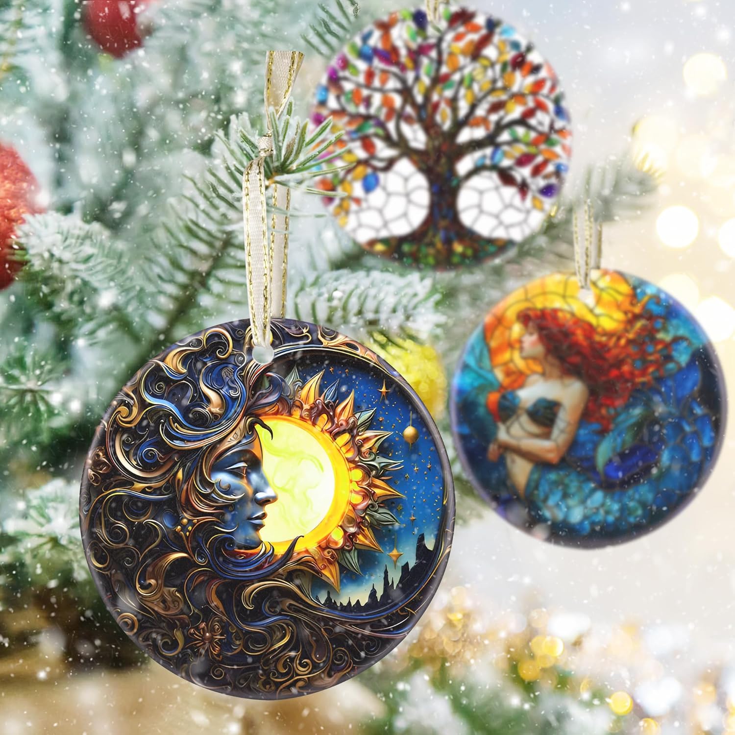 3.5 Inch Ceramic Christmas Tree Ornament, Sun and Moon God Christmas Ornaments, Heirloom Keepsake, Gift Exchange, Gift Idea, Bauble Present