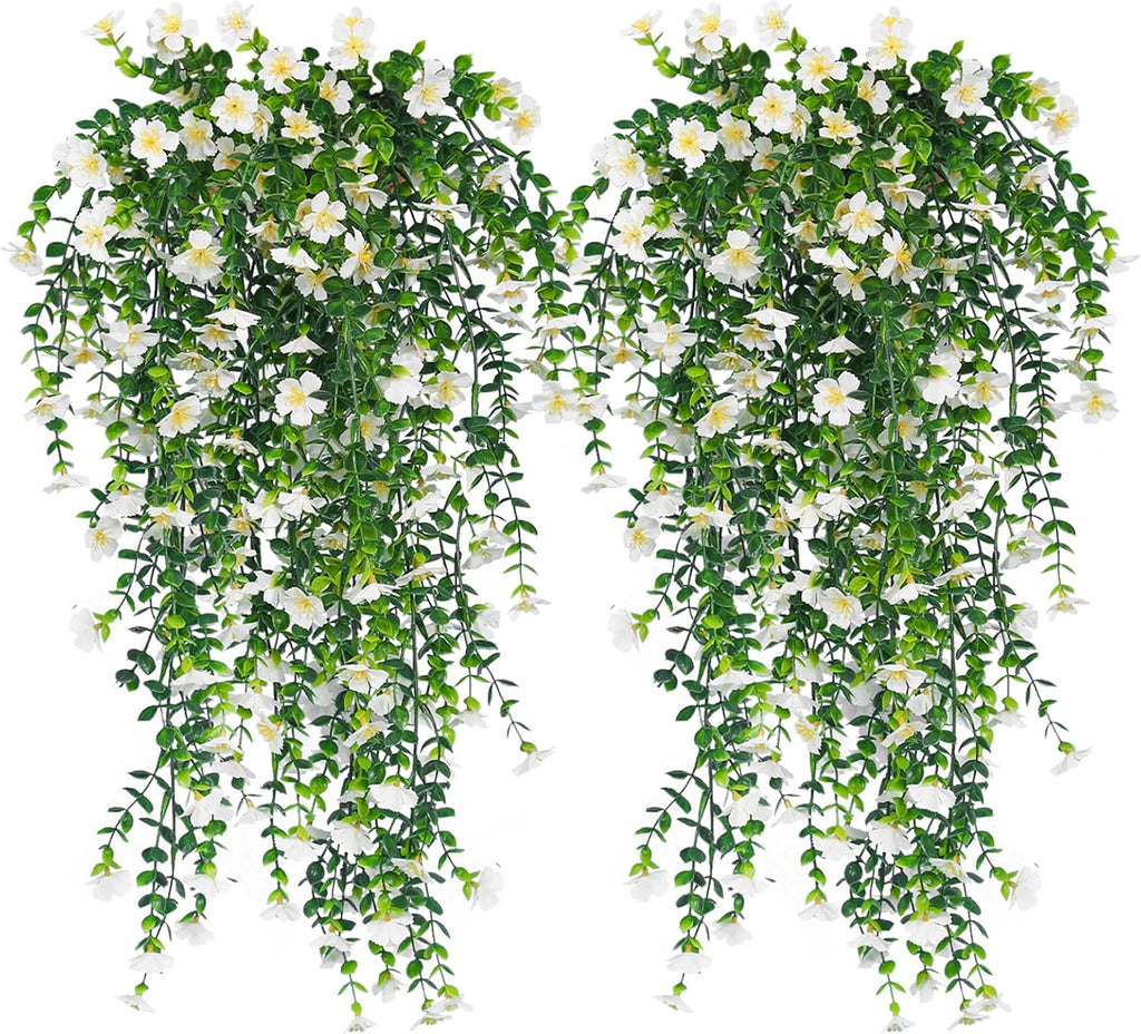 RECUTMS Artificial Flowers for Outdoors Fake Hanging Plants 4 Pcs UV Resistant Silk Daisy Flower Realistic Faux Trailing Vine for Wall Yard Porch Balcony Indoor Outdoor Planters (White)