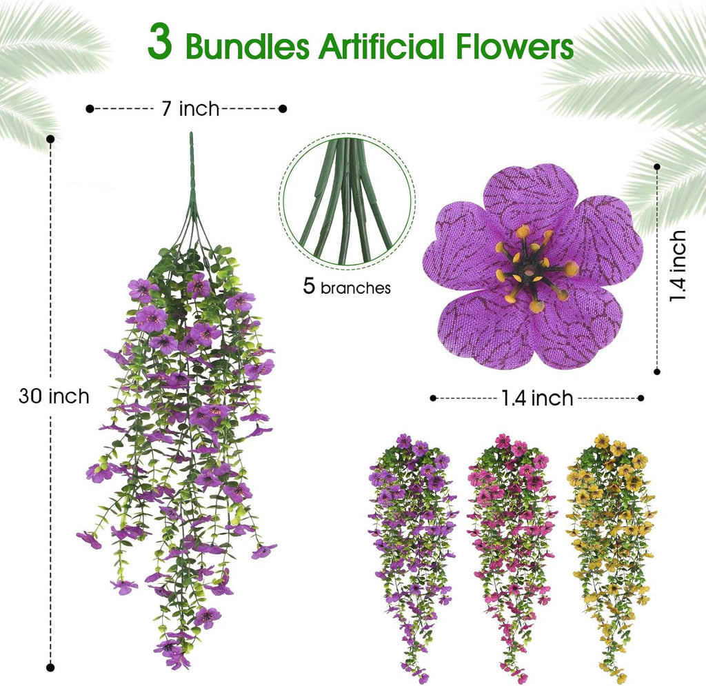 3 PCS Artificial Fake Hanging Flowers Plants for Spring Outdoor Outside Decoration, UV Resistant Faux Plastic Fabric Flower for Garden Porch Patio Balcony Yard Decor（Mix）