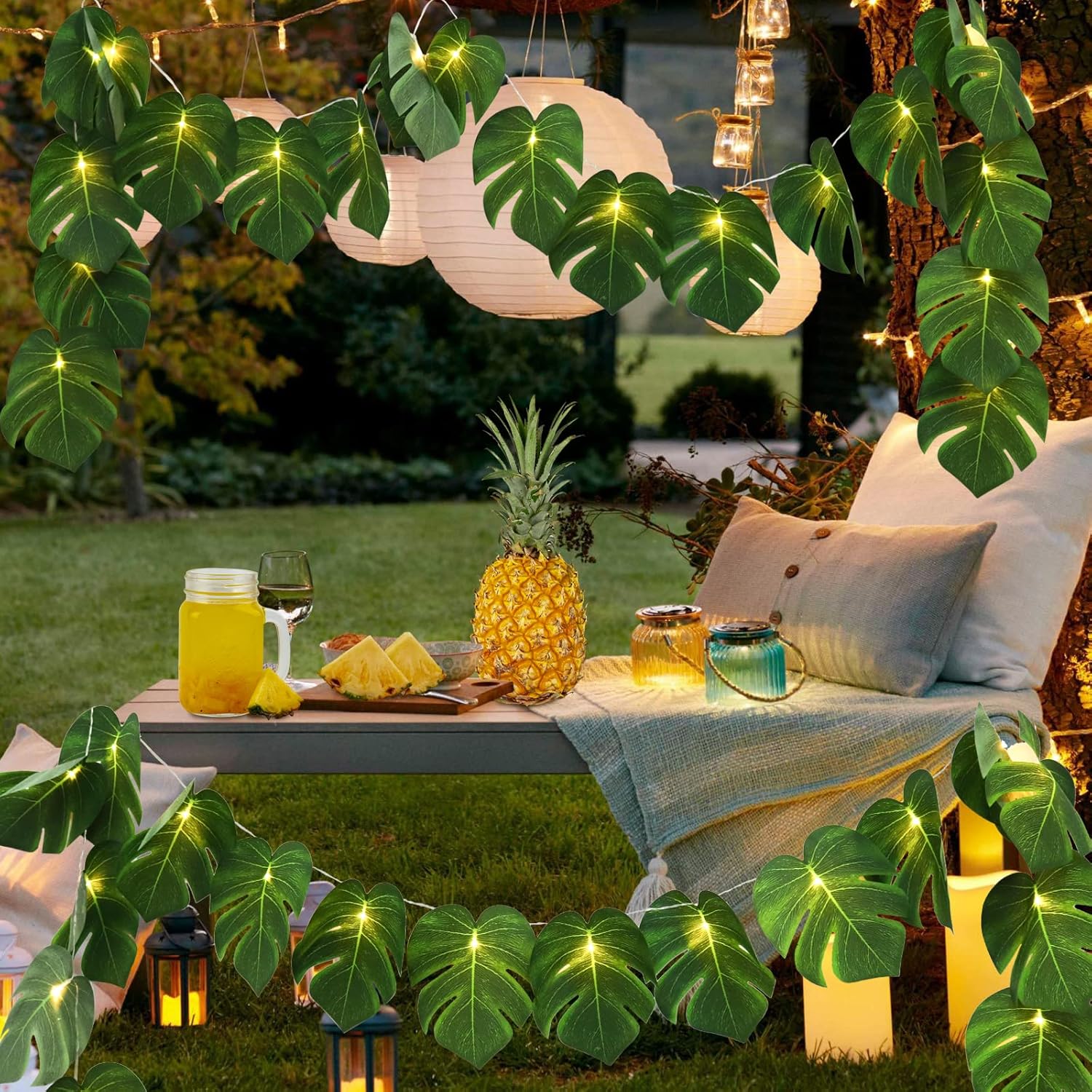 RECUTMS 2 Pack Artificial Tropical Palm Leaves String Lights, Large Size 20 LED Monstera Green Leaf Hanging Vine Greenery,Indoor Hawaiian Luau Jungle Beach Safari Baby Shower Party Spring Summer Decor