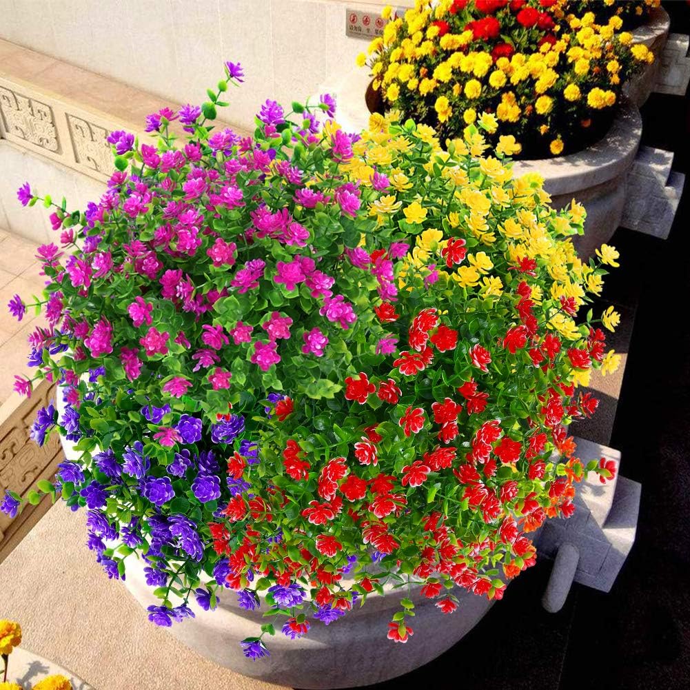 24 Bundles Outdoor Artificial Flowers UV Resistant Fake Boxwood Plants, Faux Greenery for Indoor Outside Hanging Plants Garden Porch Window Box Home Wedding Farmhouse Décor (Red)