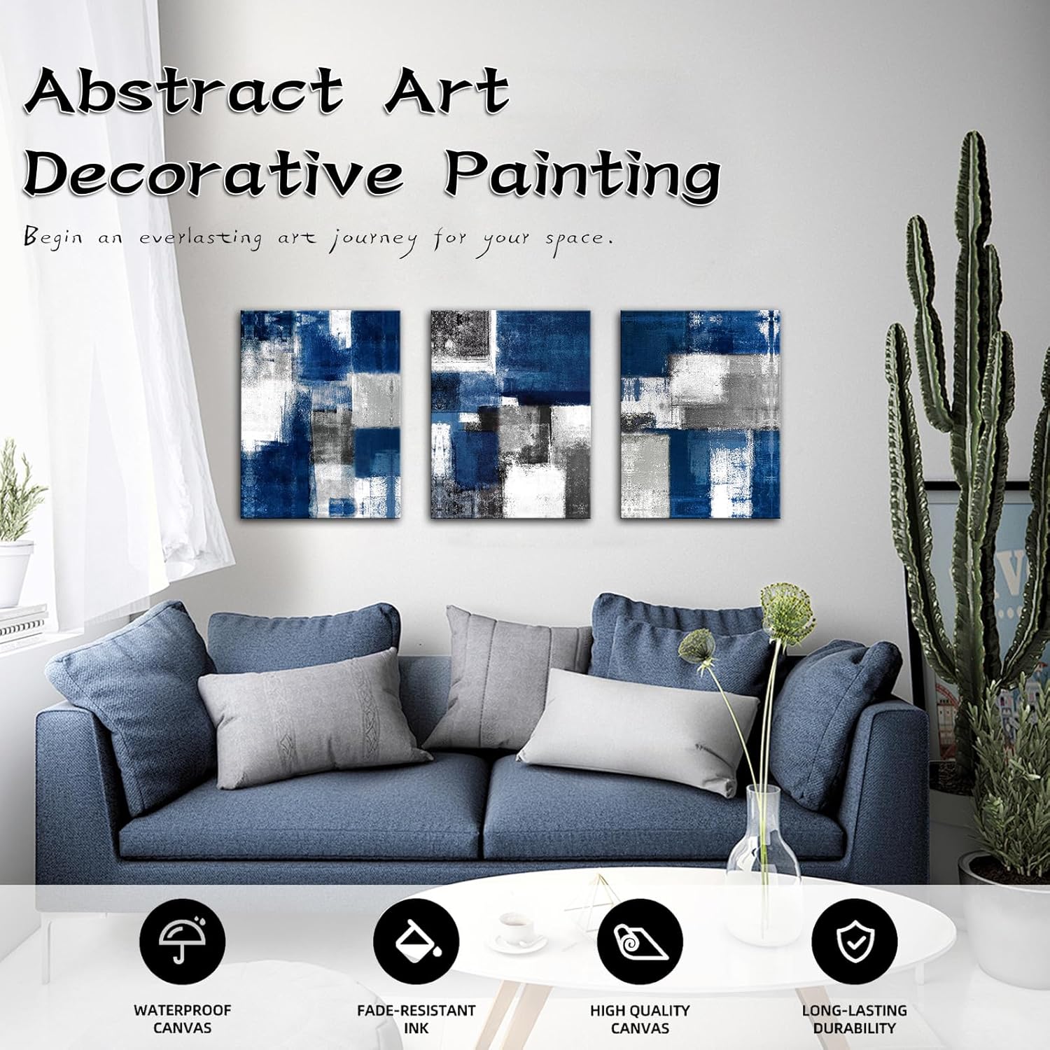 The Mode Art 3 Panels Picture Canvas Print Blue Abstract Poster Photo Painting Modern Wall Artwork for Home Office Living Room Bedroom Decor Gallery Wrap 12x16inch (Multi)