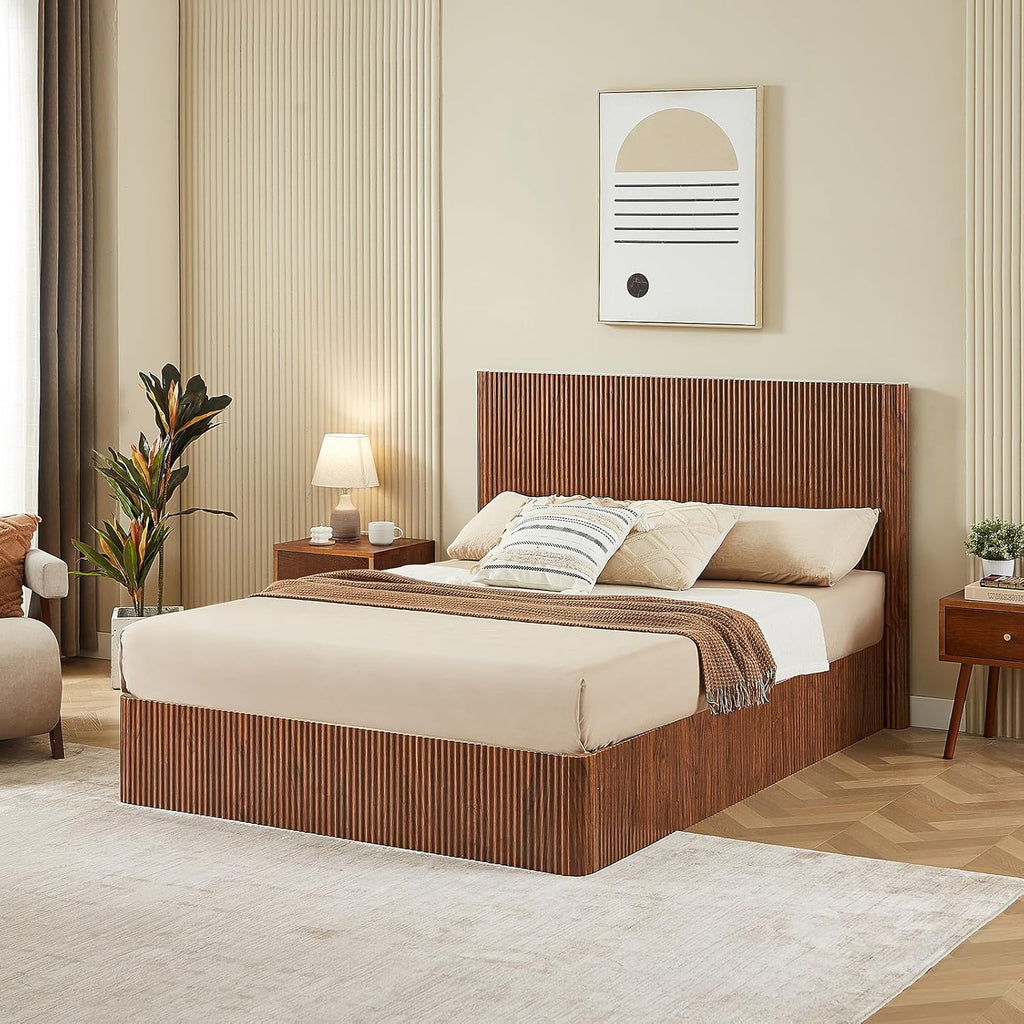 KEIKI Queen Size Wood Platform Bed Bedframe with Lift Up Hydraulic Storage,Corrugated Curved Lines Design for Bedroom Adult