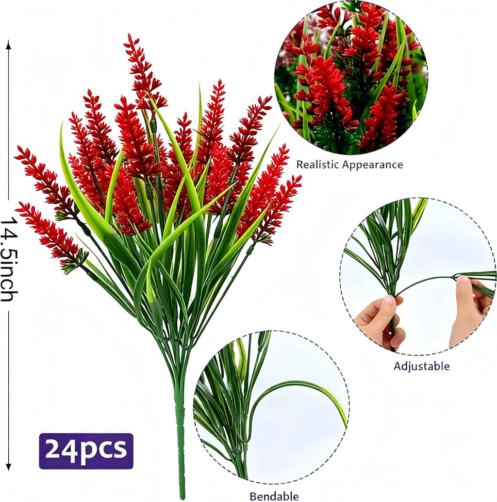 Geegoods Artificial Red Lavender Flowers for Outdoors – 24 Bundles UV Resistant Fake Flowers with Monkey Grass, Realistic Artificial Plants Outdoor for Garden, Patio, Porch, Window Box & Home Décor