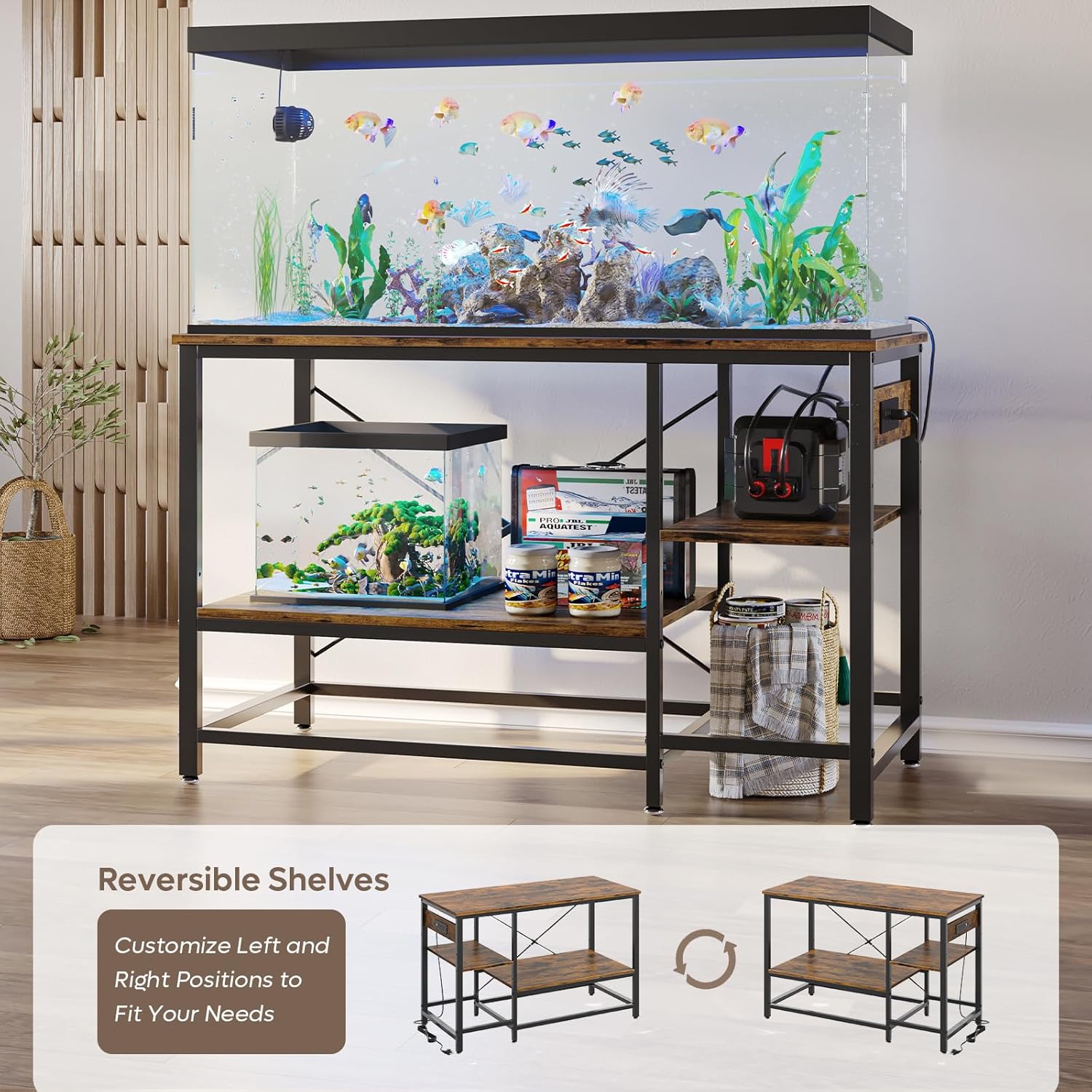 Bestier 55 Gallon Fish Tank Stand with Power Outlet, 49x13 Metal Aquarium Stand with Filter Storage, 6-Leg Long Reptile Tank Stand with 3-Tier Adjustable Storage Shelves, 700LBS Capacity