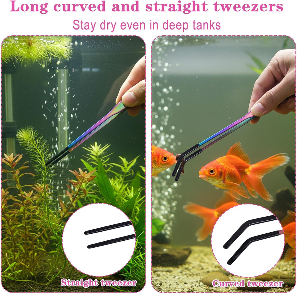 3PCS Stainless Steel Reptile Feeding Tongs with Rubber Tip, 10.6" Straight Curved Long Tweezers, Extra Long Aquarium Tweezers for Bearded Dragons, Lizards, Terrarium Tank Supplies