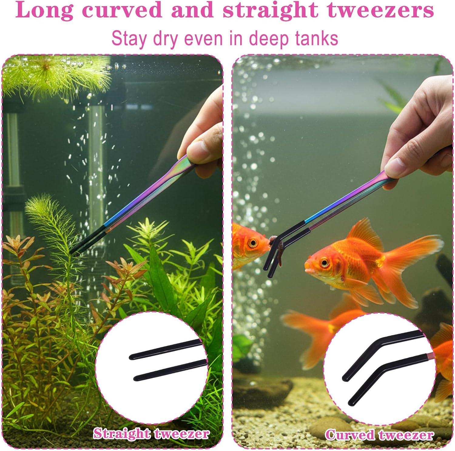 3PCS Stainless Steel Reptile Feeding Tongs with Rubber Tip, 10.6" Straight Curved Long Tweezers, Extra Long Aquarium Tweezers for Bearded Dragons, Lizards, Terrarium Tank Supplies
