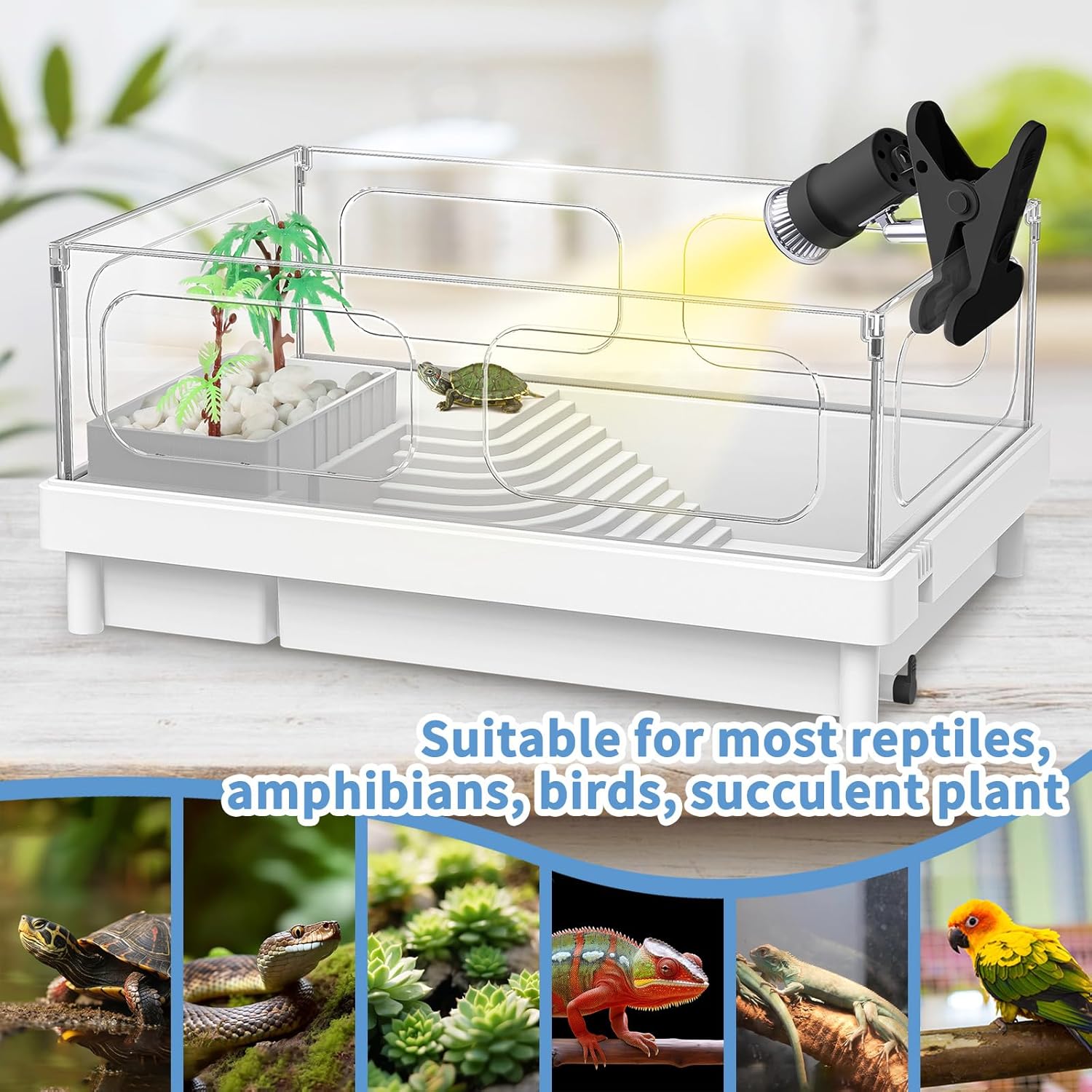 Reptile Heat Lamp, Rotatable UVA/UVB Light Lamp with 2pcs Basking Bulbs (25W + 35W), Suitable for Bearded Dragon, Snake, Reptiles, Lizard, Turtle (Black)