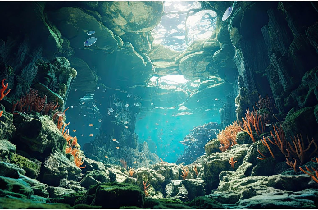 Under The Sea Aquarium Background Colorful Corals and Reef Large Rocks Terrarium Background Tropical Theme Underwater World Fish Tank Background Underwater Rock with Moss Aquarium Backdrop 24x12in