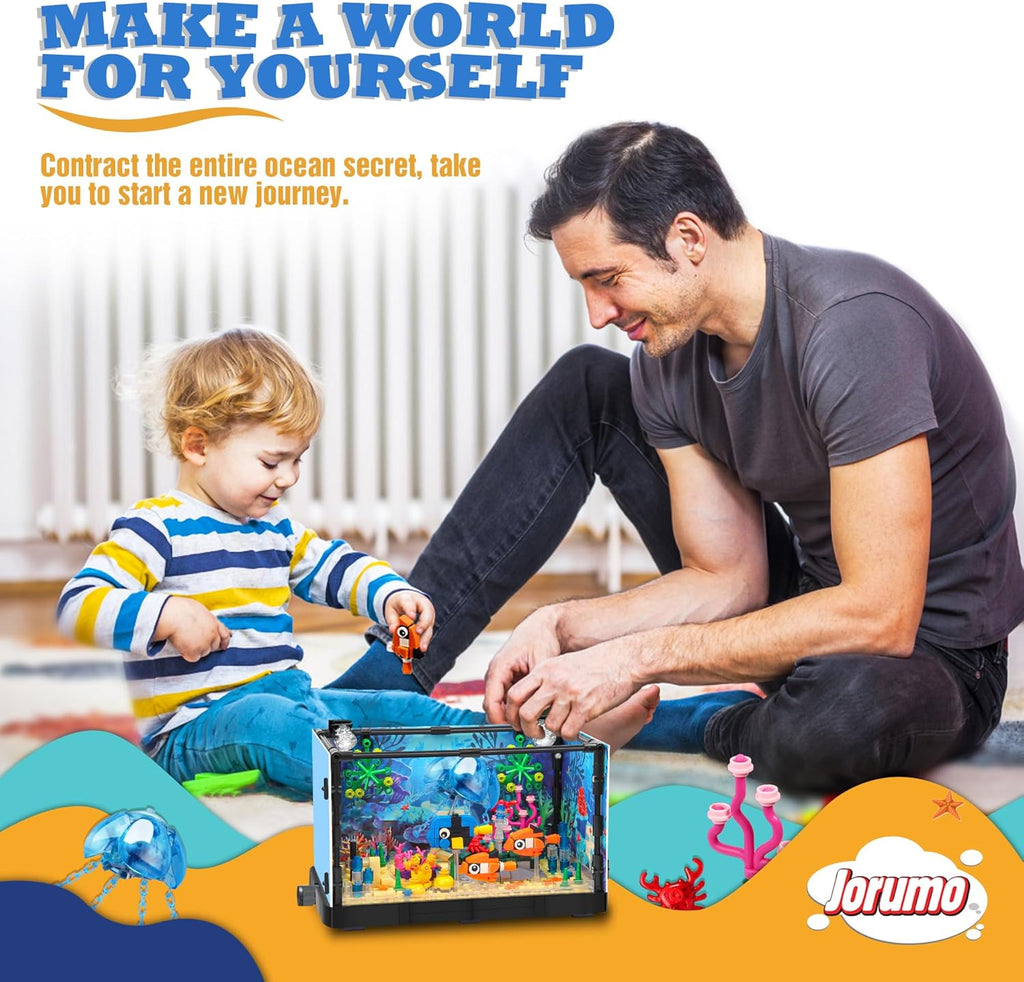 Fish Tank Building Block, Lighting Aquarium Building Sets for Adults and Kids Including Ocean Jellyfish, Dolphin, Turtle, Crab, Animal Building Toys for Boys Age 8-12, 725pcs
