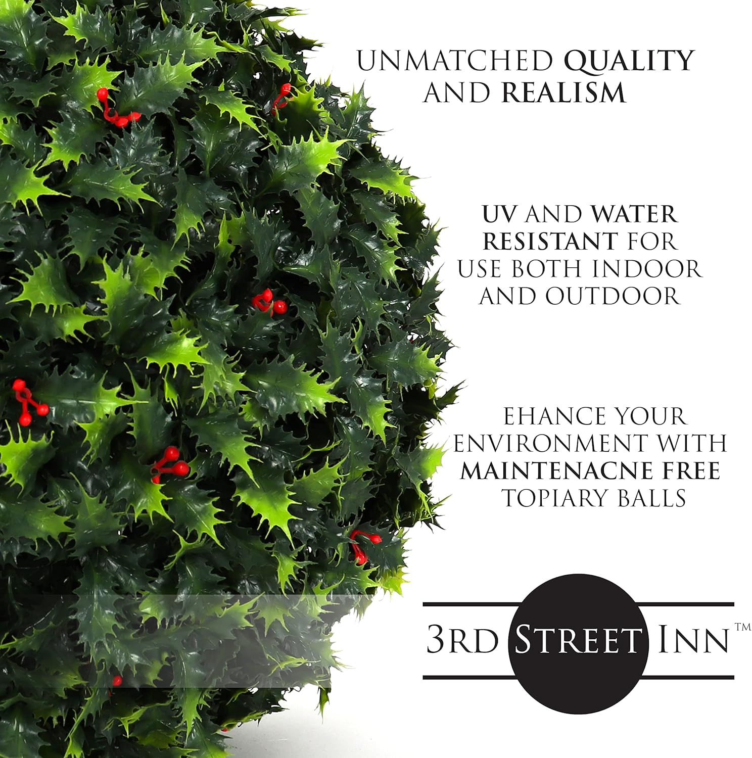3rd Street Inn Holly Topiary Ball - 19" Artificial Topiary Plant - Wedding Decor - Indoor/Outdoor Artificial Plant Ball - Topiary Tree Substitute (4, Holly)