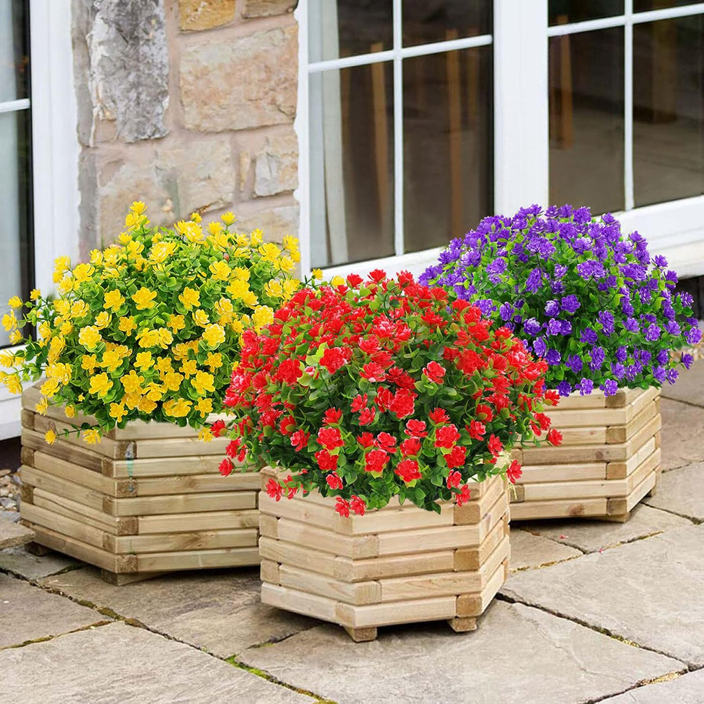 GREENRAIN Artificial Flowers Outdoor Fake Flowers for Decoration UV Resistant No Fade Faux Plastic Plants Garden Porch Window Box Décor (18 Bundles, 6#Red)