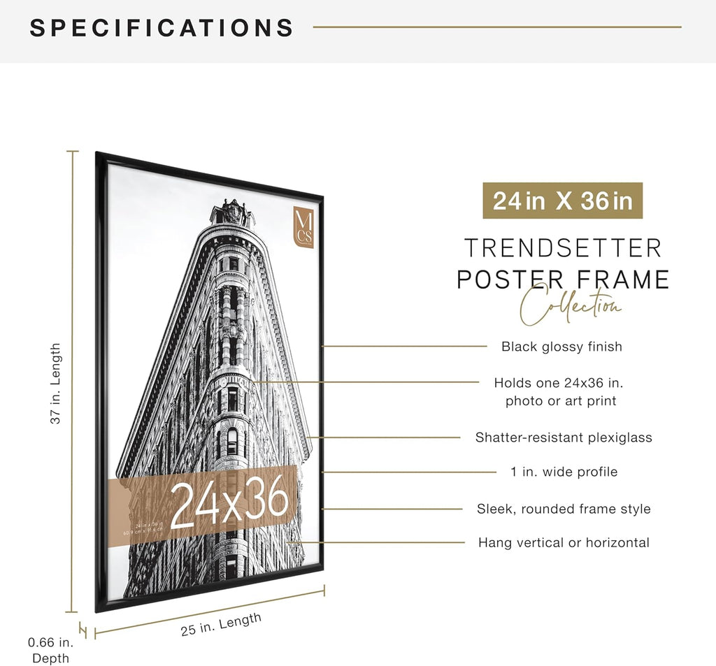 MCS Trendsetter 24x36 Poster Frame Black High-Gloss, Vertical & Horizontal Wall Hanging Large Picture Frame for Photos, Posters & Art Prints (1-Pack)
