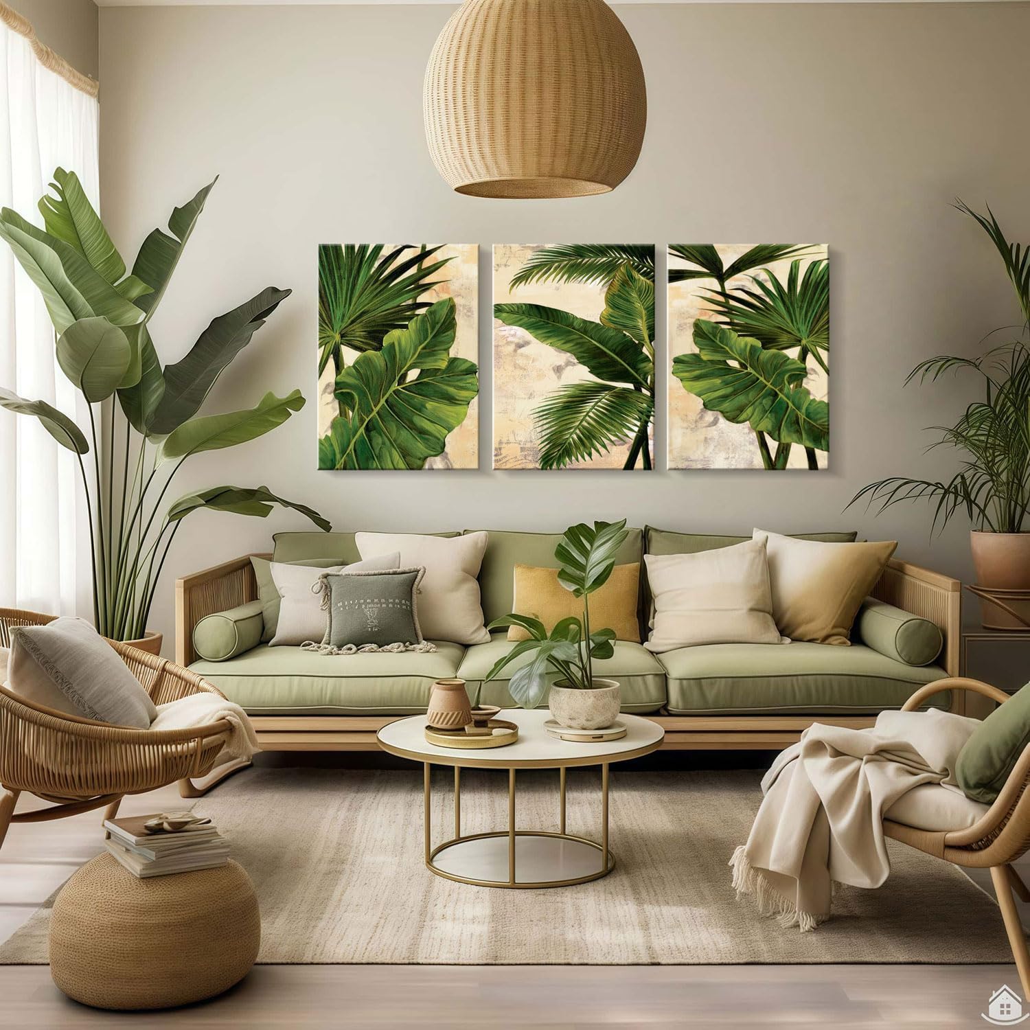 3pcs Framed Palm Leaves Banana Leaf Tropical Plants Wall Art Decor Canvas Print Nature Style Home Greenery Pictures Poster Gallery Bedroom Living Room Studio 16x24 Inch Ready to Hang