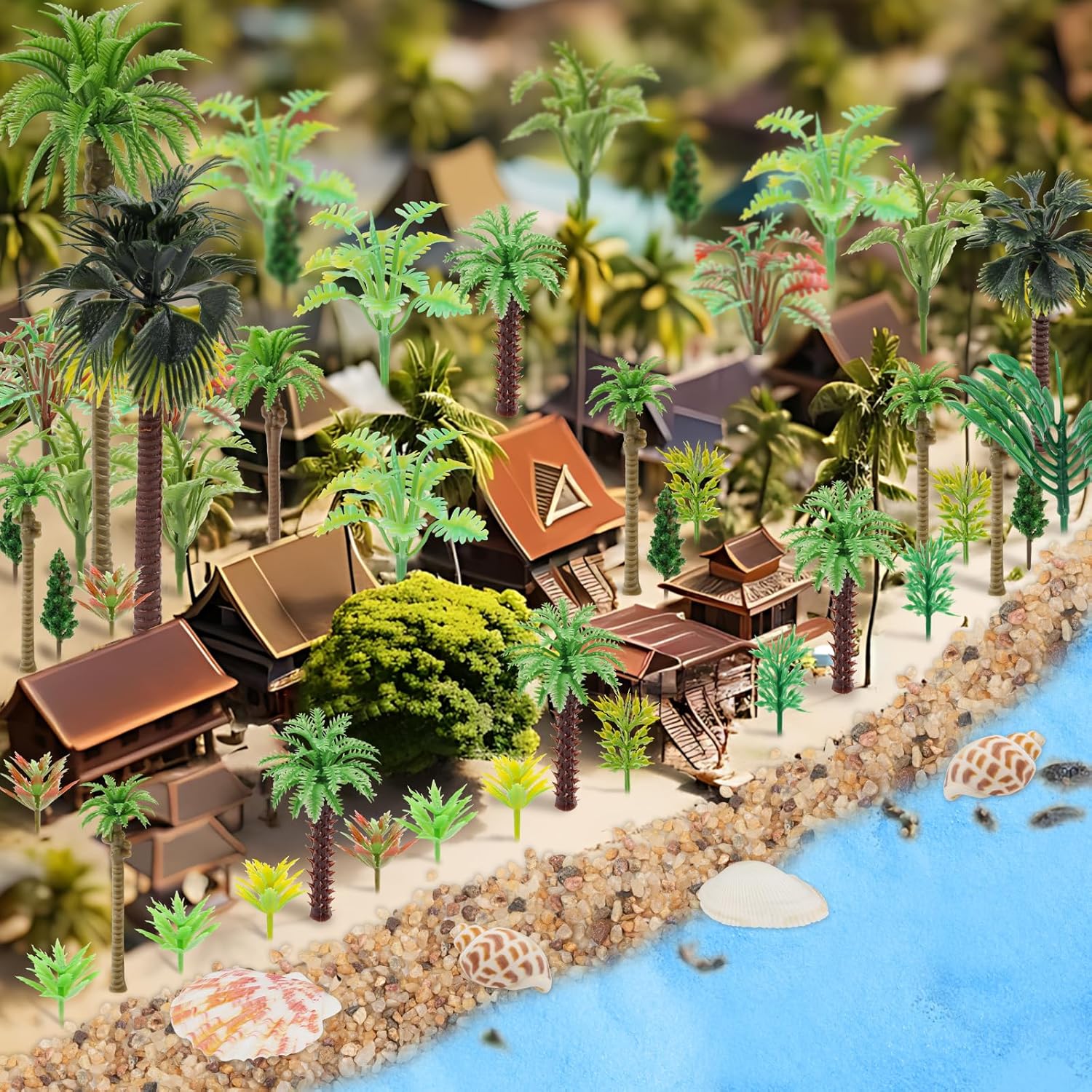 50PCS Mini Model Miniature Palm Trees Beach Coastal City Scenery Coconut Tree Rainforest with Sand and Shells, Architecture Fake Trees for DIY Crafts, Building Model, Scenery Landscape
