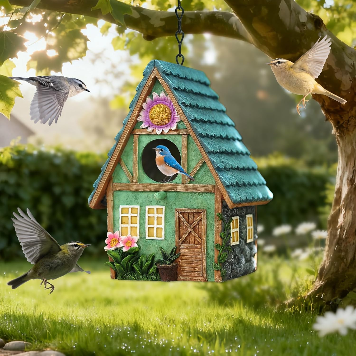 Bird Houses for Outside Cottage-Style Hanging Birdhouse with Flower Accents – Hand-Painted Resin Decorative Bird House for Outdoors for Hummingbird Finches Cardinals Bird Nesting Garden, Patio, Yard