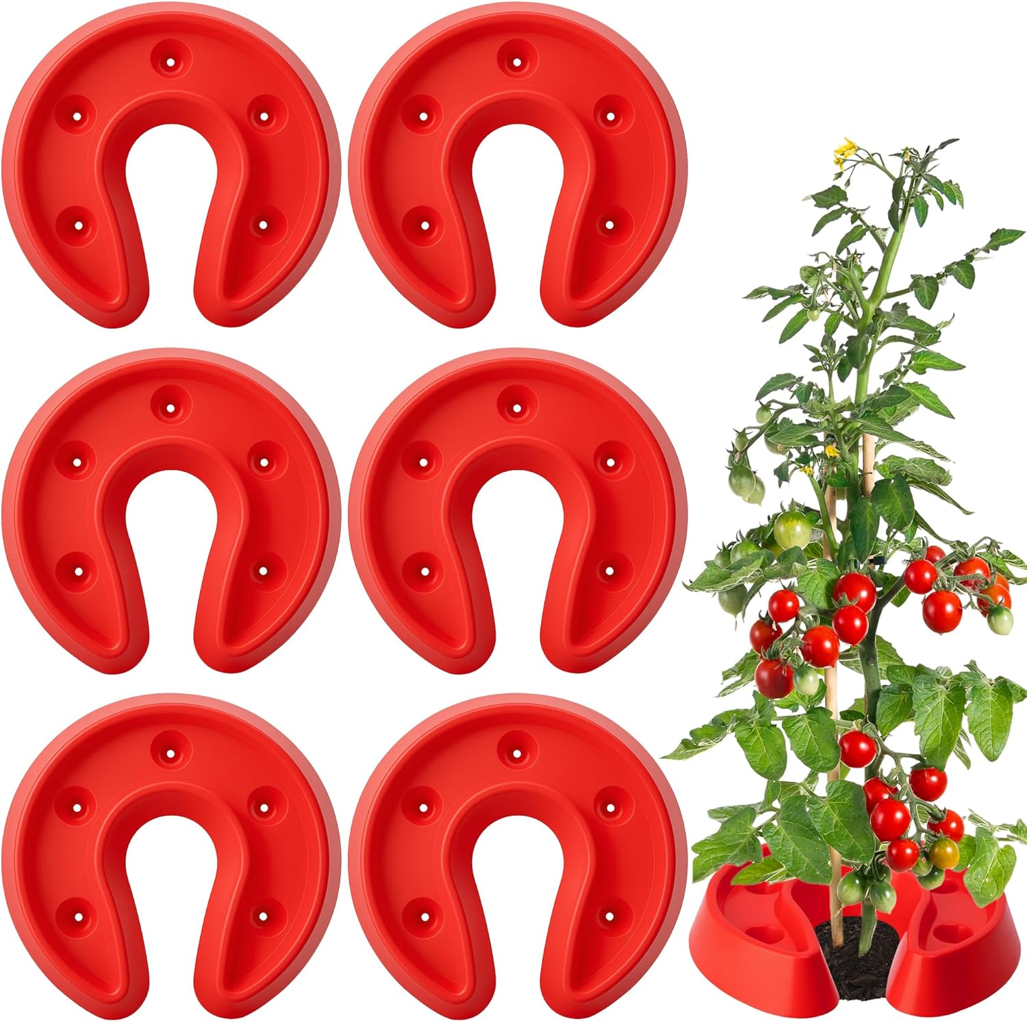 Adnee 6 Pcs Tomato Watering Trays, Surrounding Tomato Automator Tray, Red Tomato Ring Tray for Plant Vegetables Water Conservation and Weed Control