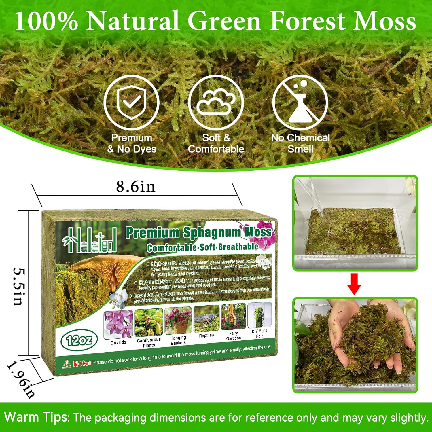 Halatool 12OZ Premium Sphagnum Moss for Plants, 18QT Green Moss for Plants Indoor Potted Orchid Moss for Repotting Succulent Carnivorous Terrarium Gardening Reptiles