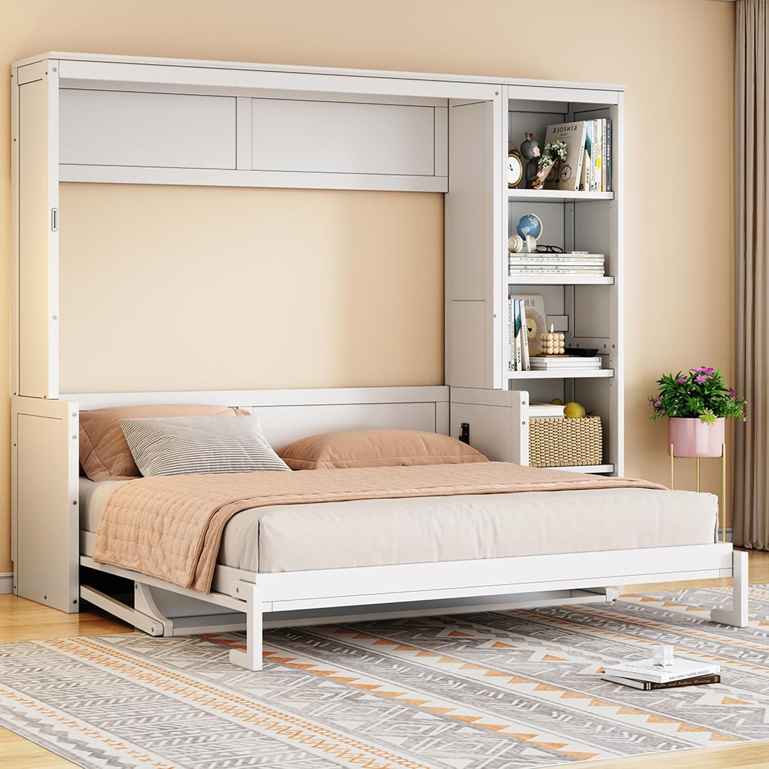 MERITLINE Queen Murphy Bed with Desk and Storage Shelves,Wood Hideaway Murphy Wall Bed with Storage Bookcase for Adults (White,Queen)
