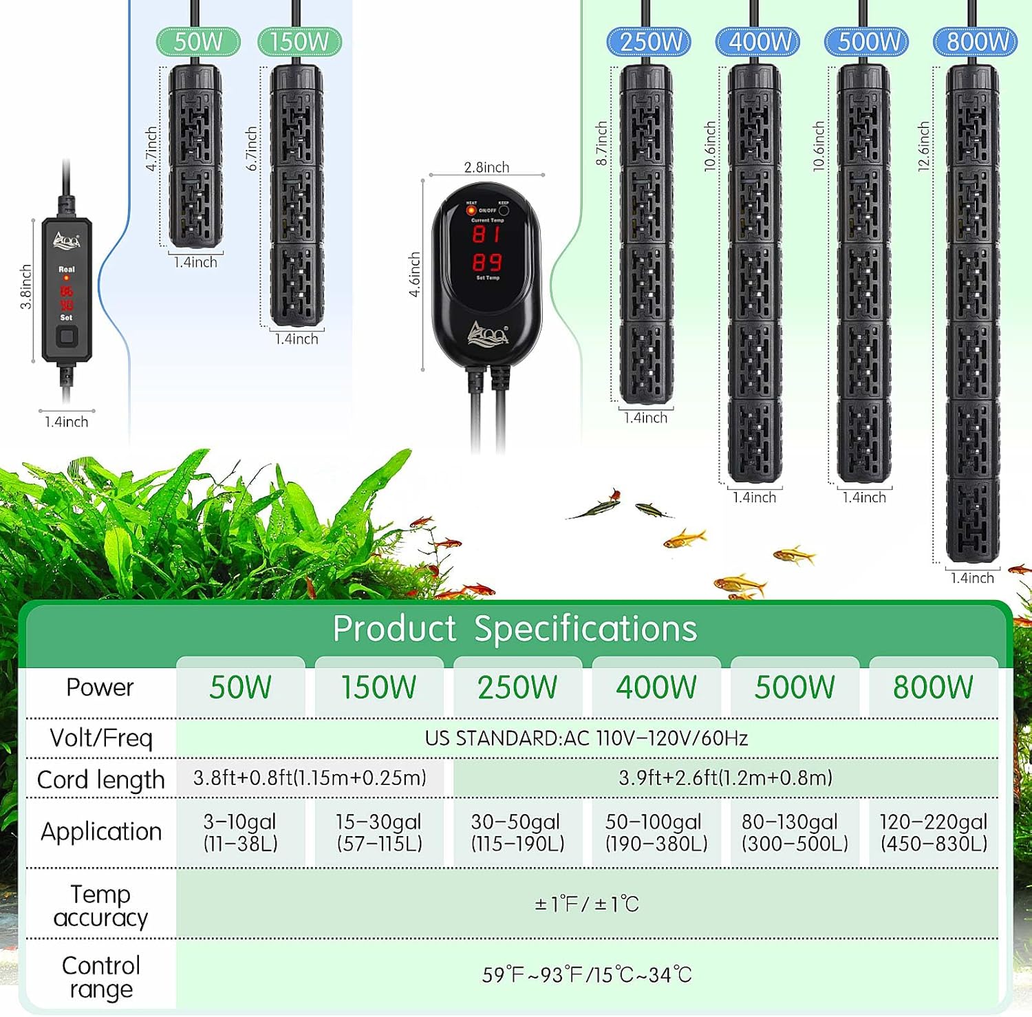 AQQA Fish Tank Heater,Aquarium Heater 50W 150W 250W 400W 500W 800W for 3-220 Gal,Set Temperature 59℉-93℉ Temperature Accuracy,Out of Water or High Temperature Automatic Power Off (150W to 15-30 gal)