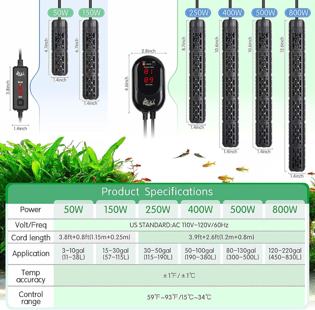 AQQA Fish Tank Heater,Aquarium Heater 50W 150W 250W 400W 500W 800W for 3-220 Gal,Set Temperature 59℉-93℉ Temperature Accuracy,Out of Water or High Temperature Automatic Power Off (50W to 3-10 gal)