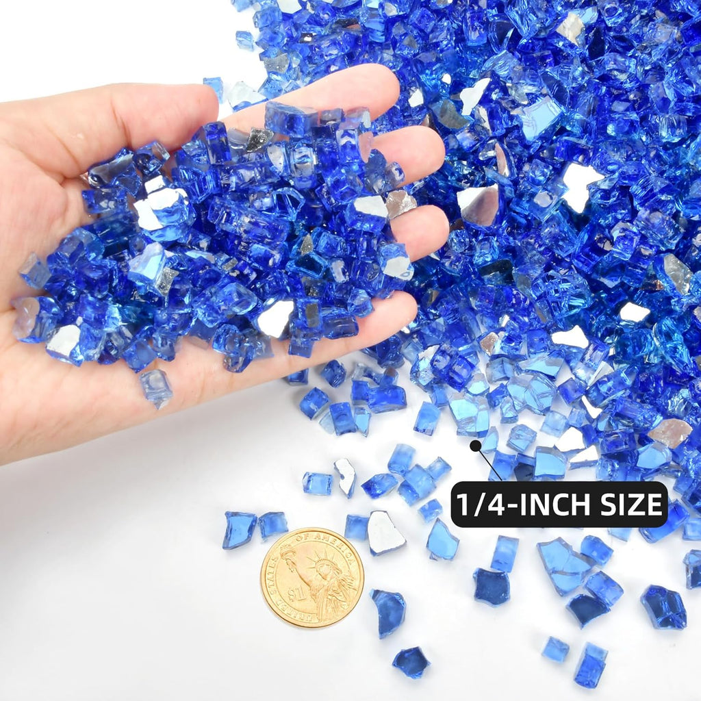 GasSaf 1/4 Inch Fire Glass Reflective Tempered Fireglass Cut Crushed FireGlass for Fire Pit, Fireplace, Replaces Existing Gas Logs & Lava Rocks (10 Pound)(Cobalt Blue Reflective)