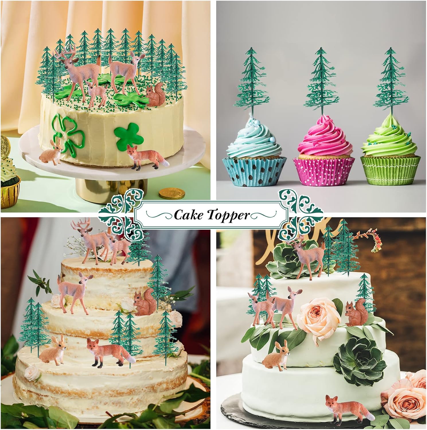 Zomiboo 21 Pcs Forest Animals Figurines Woodland Animal Toys Deer Hunting Cake Decorations Miniature Tree Mold Kits for Birthday Christmas Party Favors