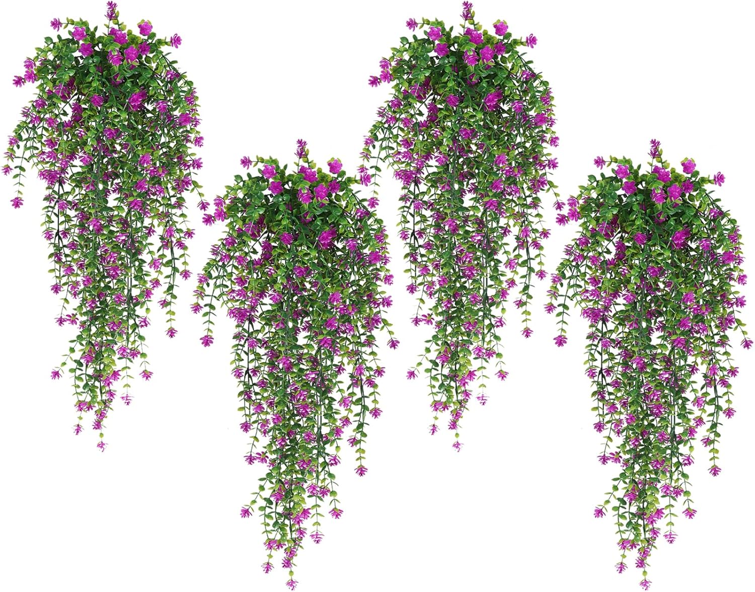 SJL Faux Hanging Plant 4 Pack Hanging Vines Plants Indoor Realistic Artificial Fake Small Hang Plant Leaves Faux Outdoor Plants Plastic Flowers Stem Decor for Wall Room Party (Fuchsia)