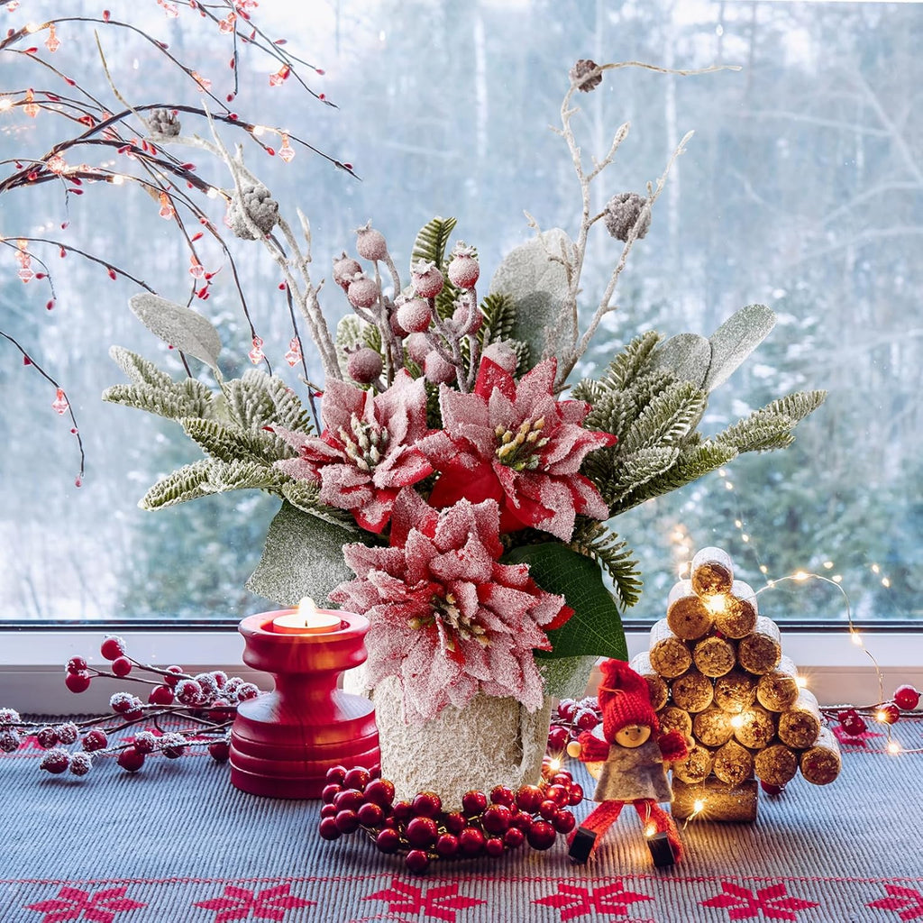 Artificial Poinsettias Christmas Flowers with Red Berry Pine Cone Branches Linen Base,12” Faux Poinsettias Plants for Home Office Table Fireplace Winter Indoor Christmas Decorations Red