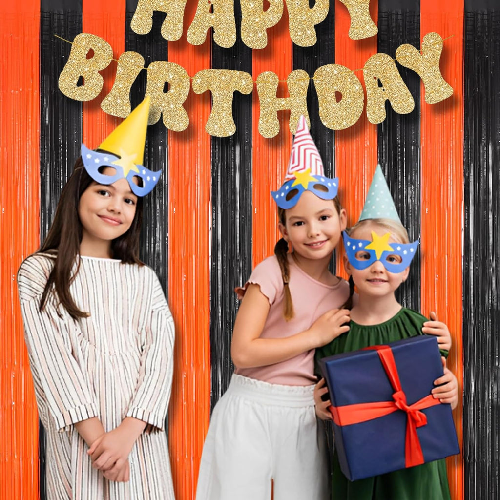 BRAVESHINE Tinsel Photo Backdrop Curtains - 2 Pack 3.2x8.2ft Black Orange Foil Fringe Streamer Curtain for Birthdays/Sports/Basketball/Pumpkins/Home/Office/Indoor/Outdoor Party Decorations