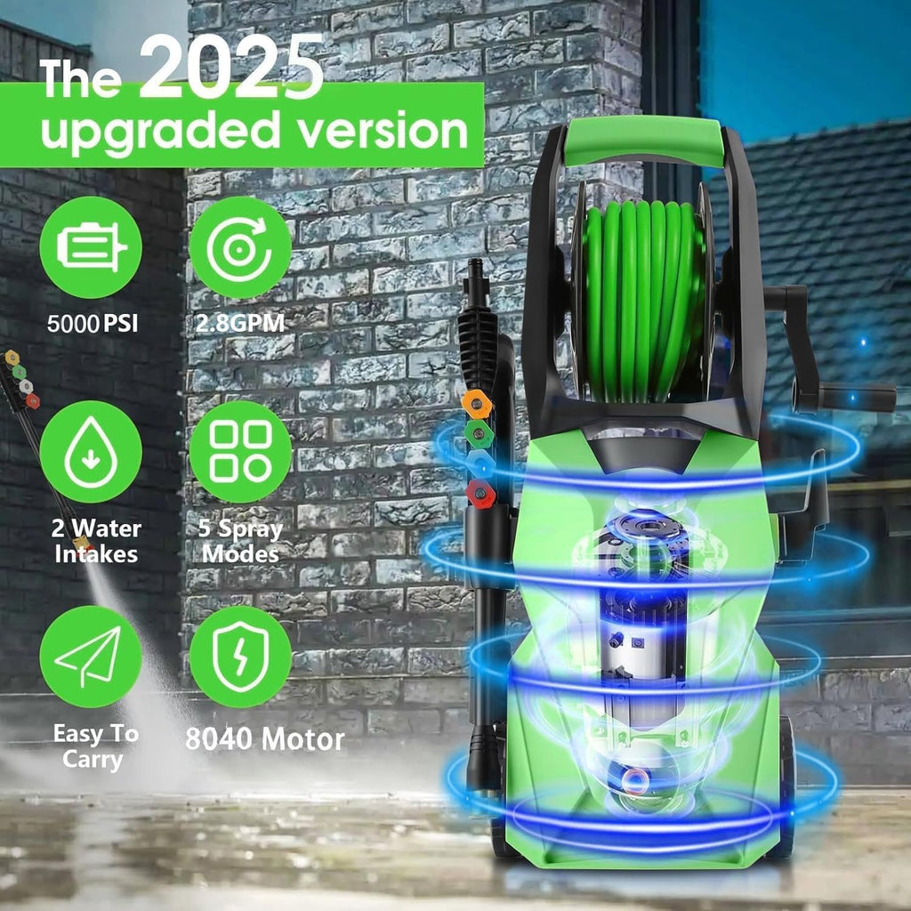 Pressure Cleaner 5000 PSI,2.8 GPM Power Cleaner with Foam Cannon,Portable Cleaner with 33ft Hose Reel,4 Nozzle Tips,and Soap Bottle for Cars/Home/Driveways/Patios/Decks/Fences(Dark Green)