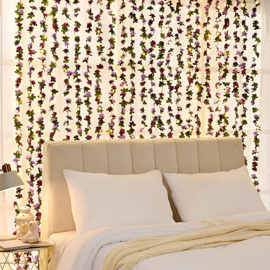 BLEUM CADE 5Pcs 41Ft Flower Garland Artificial Rose Vines with 32.8Ft String Lights, Cute Fake Hanging Flower Vines Floral Garland Decorations for Wedding Party Wall Room Decor Aesthetic