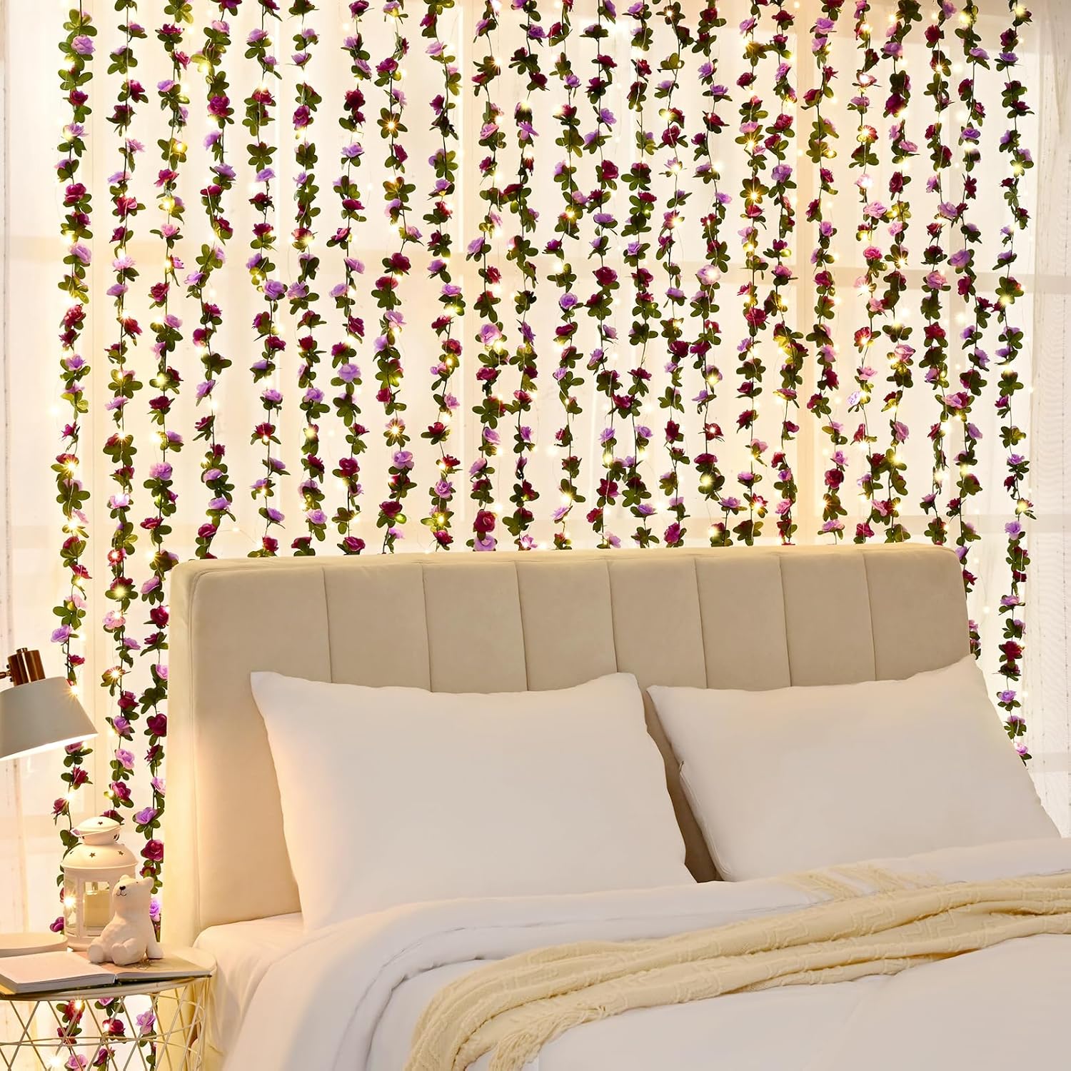 BLEUM CADE 5Pcs 41Ft Flower Garland Artificial Rose Vines with 32.8Ft String Lights, Cute Fake Hanging Flower Vines Floral Garland Decorations for Wedding Party Wall Room Decor Aesthetic