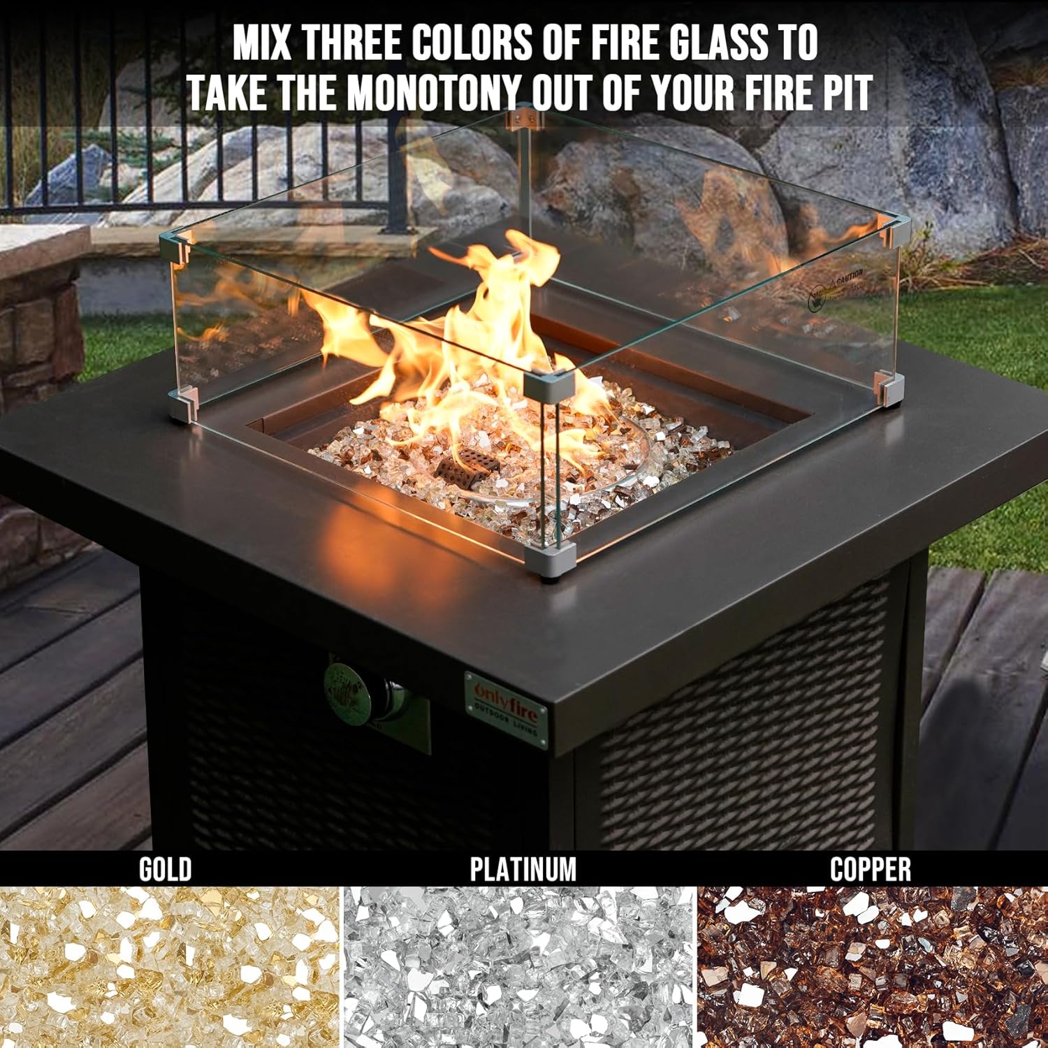 Skyflame 10-Pound Blended Fire Glass for Fire Pit Fireplace Landscaping - 1/4 Inch Reflective Tempered Fireglass Gold, Platinum, Copper
