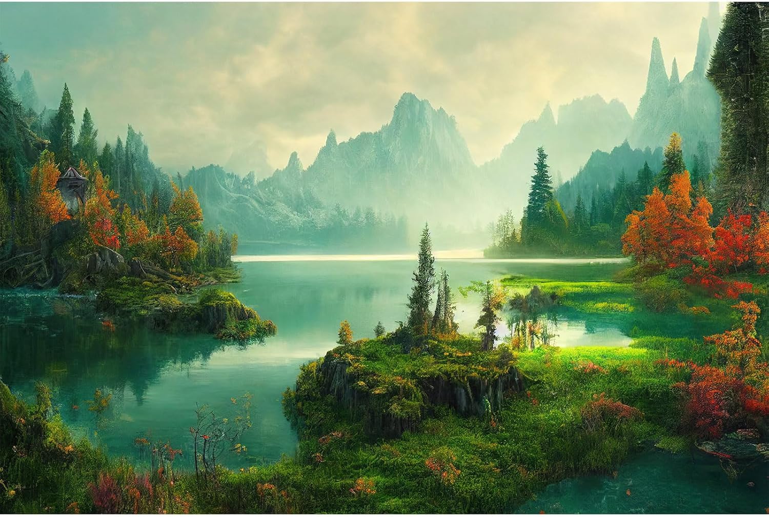 Autumn Landscape Aquarium Background Jungle Plants Rainforest Fish Tank Background Foggy Misty Mountains Terrarium Background Tranquil Lake Natural Scenery Aquarium Backdrops Vinyl 36x18in