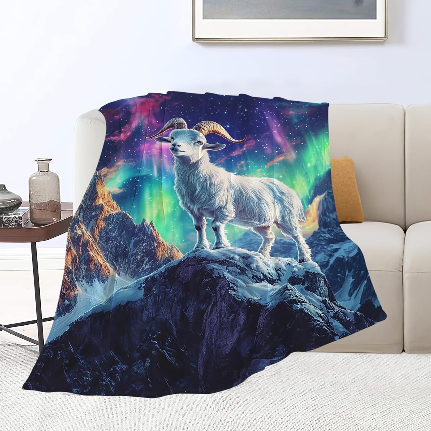 Goat Blanket Aurora Mountain Goat Animal Lover Throw Blankets Gifts for Girls Boys Kids Soft Cozy Fleece Plush for Couch Sofa Bed 60"x50"
