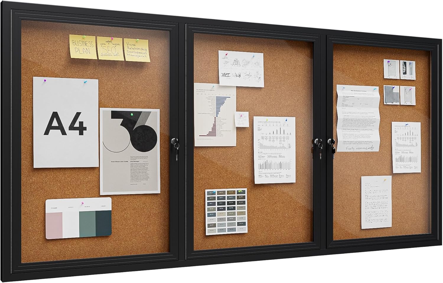 72"x36" Lockable Enclosed Bulletin Board, Outdoor Cork Weather-Resistant Aluminum Frame Notice Board, Wall Mounted Display Case Acrylic Doors for School,Office,Black Frame w/Cork