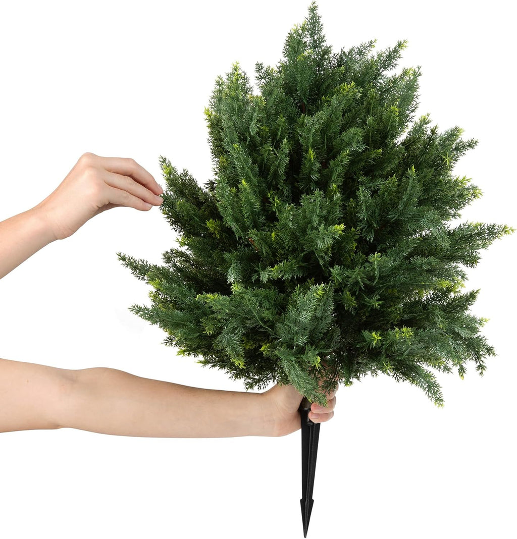 DRAY 16" Diameter Artificial Cypress Topiary – Set of 2 Faux Plants with Ground Spikes – UV-Resistant, Realistic Outdoor & Indoor Greenery – Weatherproof Garden Landscaping Décor