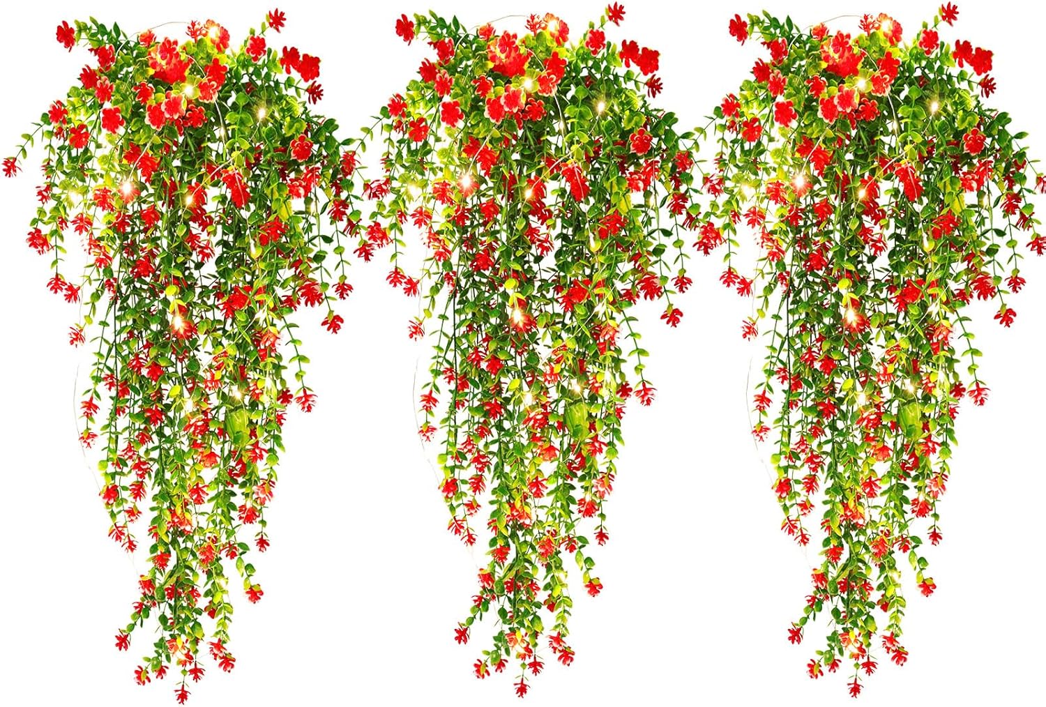 Vine Plant Fake Ferns Plants Large Faux Artificial Hanging Plants Wall Plants Artificial Hanging Plants Outdoors Fake Hanging Plant Greenery Vine with Lights for Outdoor Plants Decor 3 Pcs(Red)