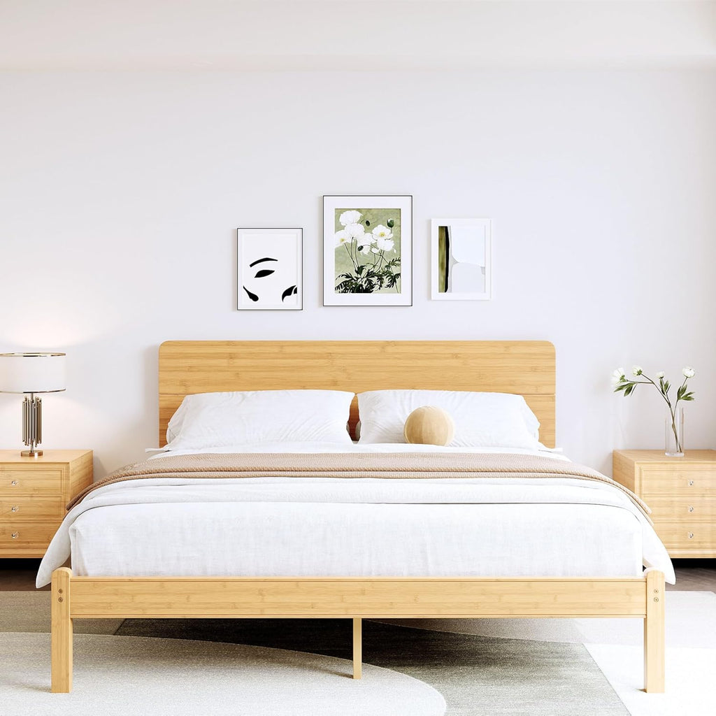 14in High Solid Bamboo Wood Platform King Size Bed Frame with Headboard, Reinforced Heavy Duty Metal Slats, Noise Free, No Box Spring Needed, Easy Assembly