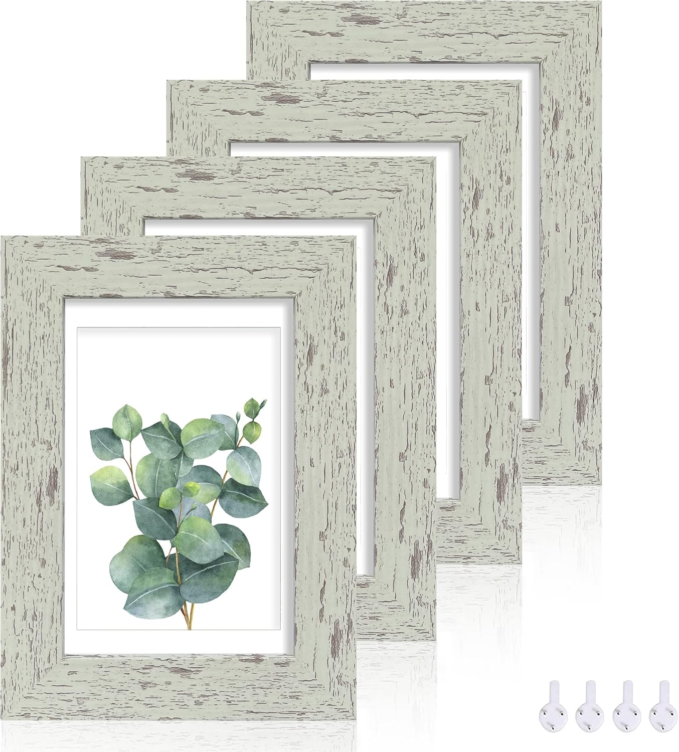 4x6 Picture Frame Set of 4, Made of Real Glass and Sage Green Wooden Frame, 4 by 6 Photo for Wall or Tabletop - Display Picture 3.5x5 with Mat or 4x6 Without Mat