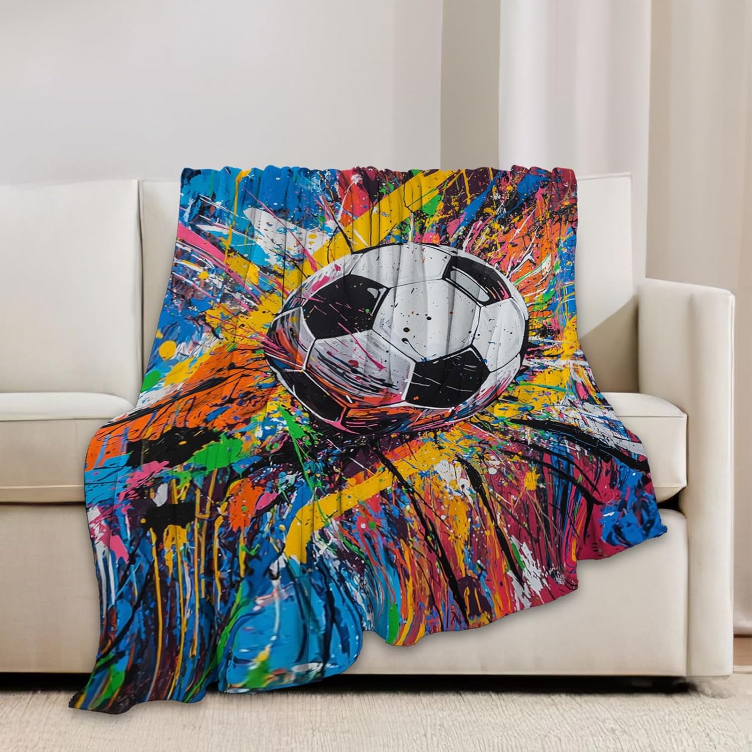 Graffiti Soccer Blanket Banksy Sport Throw Blankets Gifts for Girls Boys Kids Soccer Lover Soft Cozy Fleece Plush for Couch Sofa Bed 80"x60"