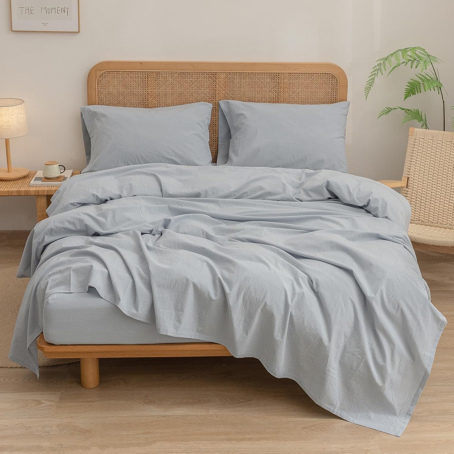 BESTOUCH Sheet Set 100% Washed Cotton Linen Feel Super Soft Comfortable Chic Lightweight 4 Pcs Home Bedding Set Solid Cornflower Blue King